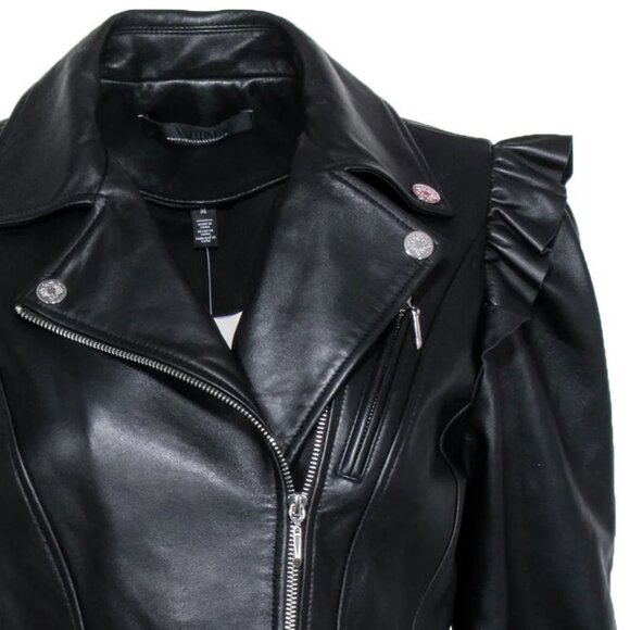 WHBM $500 Genuine Leather Motorcycle Moto Jacket Ruffled Shoulders M - Picture 9 of 12